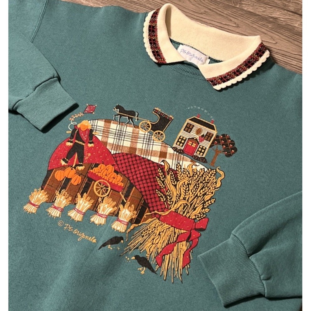Vintage 90s Grandma Rural Country Farm Landscape Collared Teal Sweatshirt Large